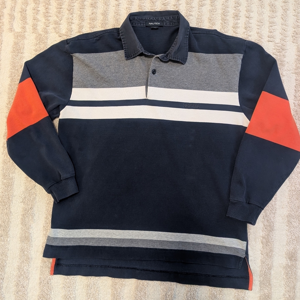 Nautica Long Sleeve Polo Rugby Shirt in Blue Orange Gray Stripes Sz L